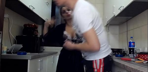  Busty Babe Cheating with Dude at their Kitchen